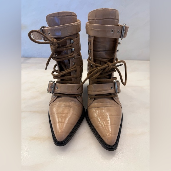 ChloeRulee Cutout Beige Croc-Embossed Lace-Up Boots